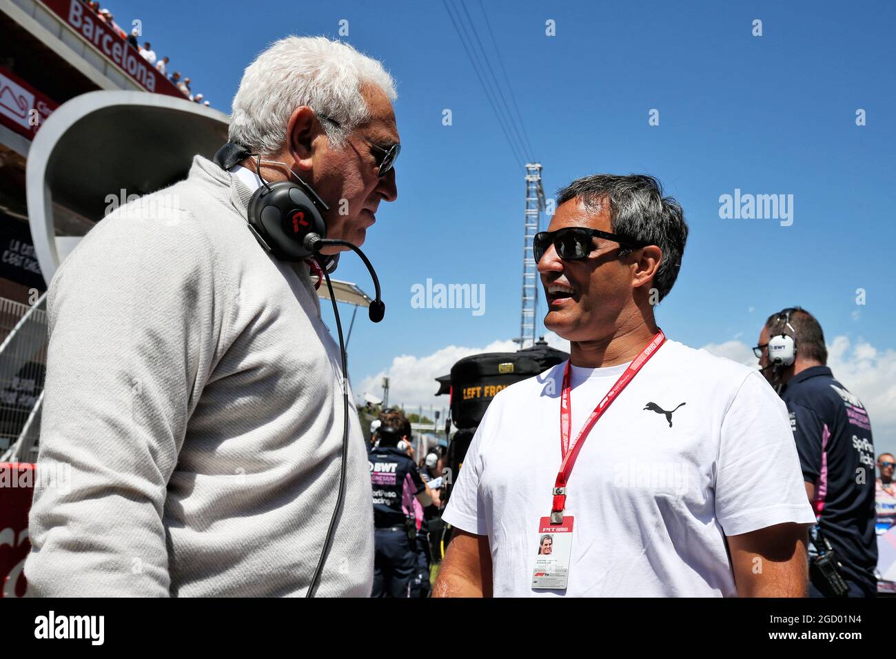 (L to R): Lawrence Stroll (CDN) Racing Point F1 Team Investor with Juan Pablo Montoya (COL) on the grid. Spanish Grand Prix, Sunday 12th May 2019. Barcelona, Spain. Stock Photo
