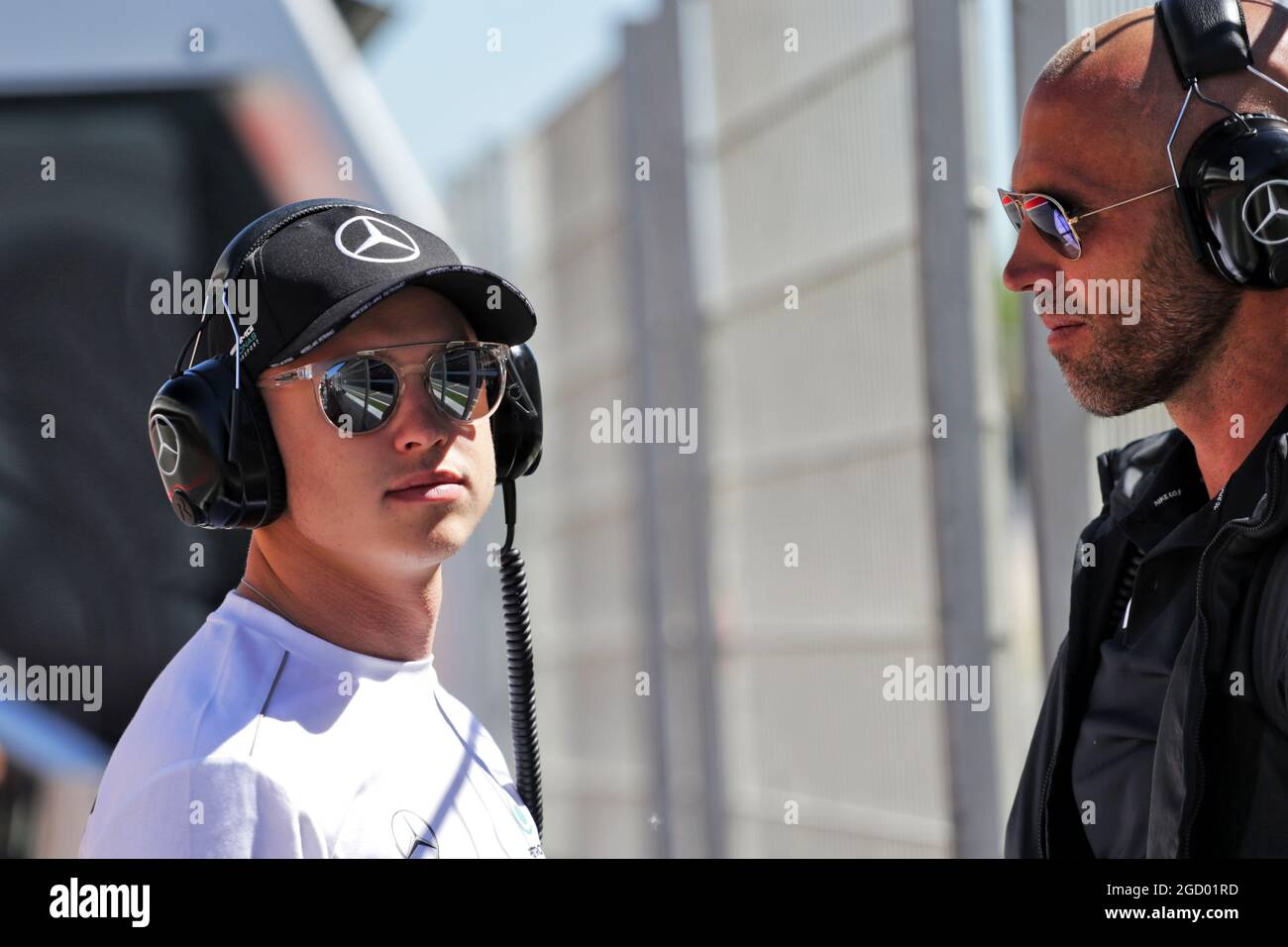 (L to R): Nikita Mazepin (RUS) Mercedes AMG F1 Test Driver with Daniel Schloesser (GER) Personal Trainer. Formula One In Season Testing, Day 1, Tuesday 14th May 2019. Barcelona, Spain. Stock Photo