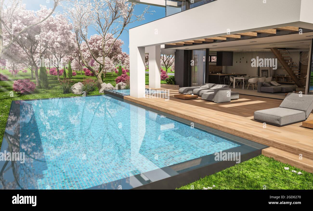 3d rendering of modern cozy house with pool and parking for sale or ...