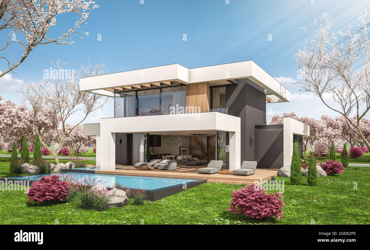 3d rendering of modern cozy house with pool and parking for sale or ...