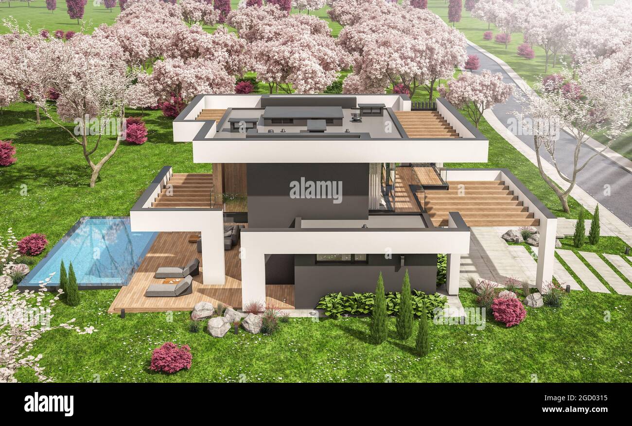 3d rendering of modern cozy house with pool and parking for sale or ...
