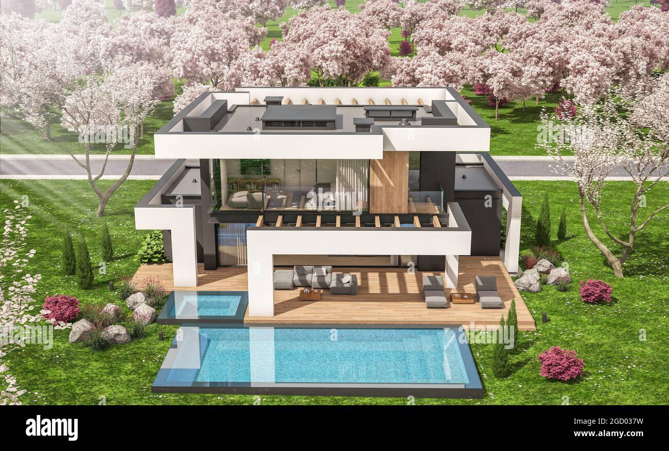 3d rendering of modern cozy house with pool and parking for sale or ...