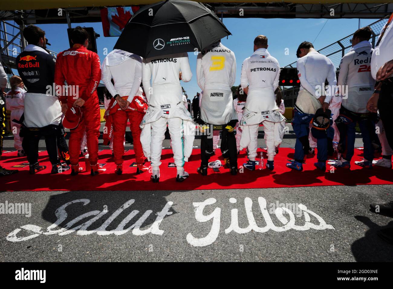 Drivers as the grid observes the national anthem. Canadian Grand Prix