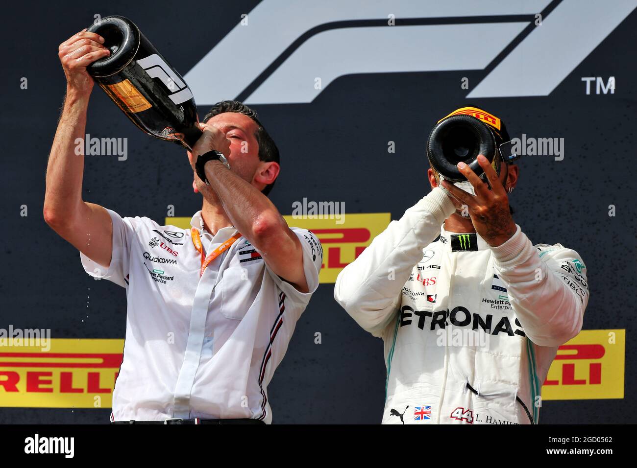 (L to R): Nathan Divey (GBR) Mercedes AMG F1 No1 Mechanic celebrates on ...