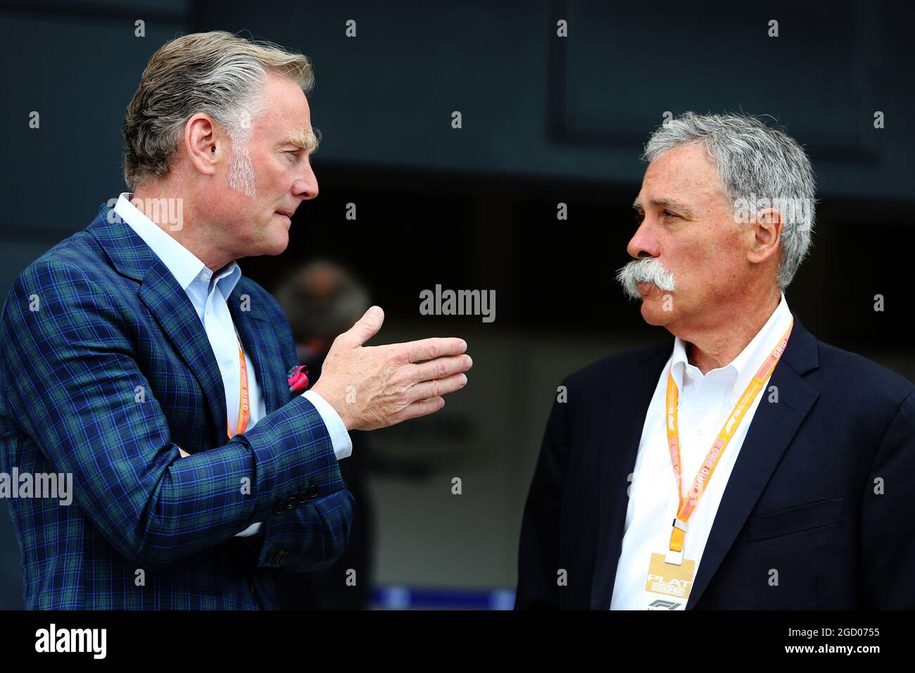 (L to R): Sean Bratches (USA) Formula 1 Managing Director, Commercial Operations with Chase Carey (USA) Formula One Group Chairman. British Grand Prix, Sunday 14th July 2019. Silverstone, England. Stock Photo
