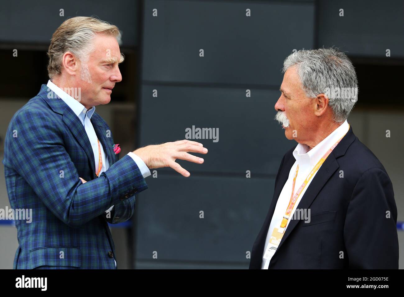 (L to R): Sean Bratches (USA) Formula 1 Managing Director, Commercial Operations with Chase Carey (USA) Formula One Group Chairman. British Grand Prix, Sunday 14th July 2019. Silverstone, England. Stock Photo