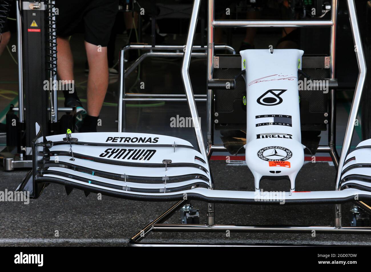 Mercedes AMG F1 front wing with special livery. German Grand Prix, Thursday 25th July 2019. Hockenheim, Germany. Stock Photo