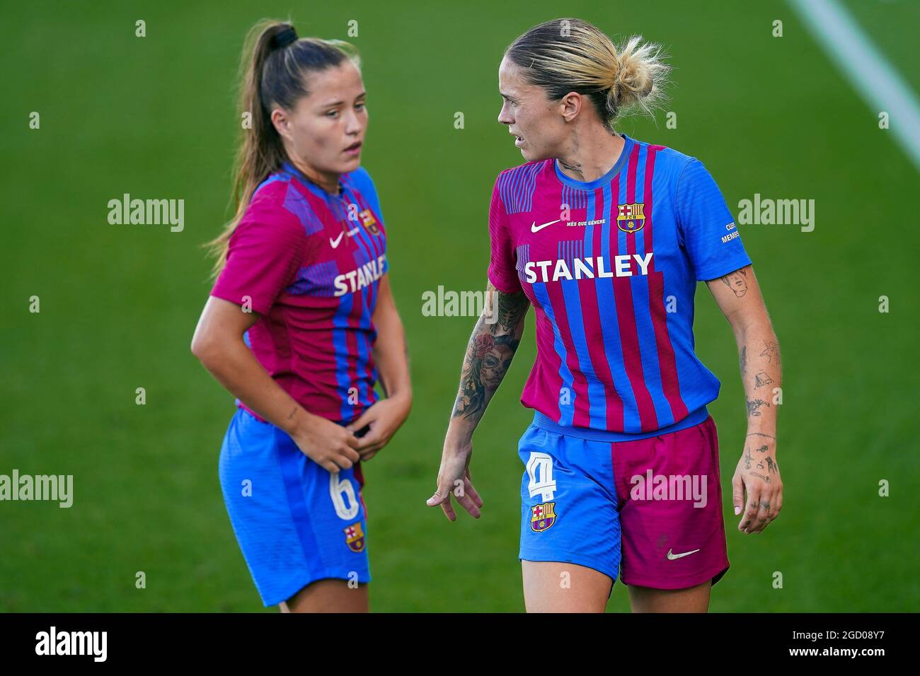 Mapy Leon and Claudia Pina of FC Barcelona during the Joan Gamper Trophy  match between FC Barcelona and Juventus played at Johan Cruyff Stadium on  August 8, 2021 in Barcelona, Spain. (Photo