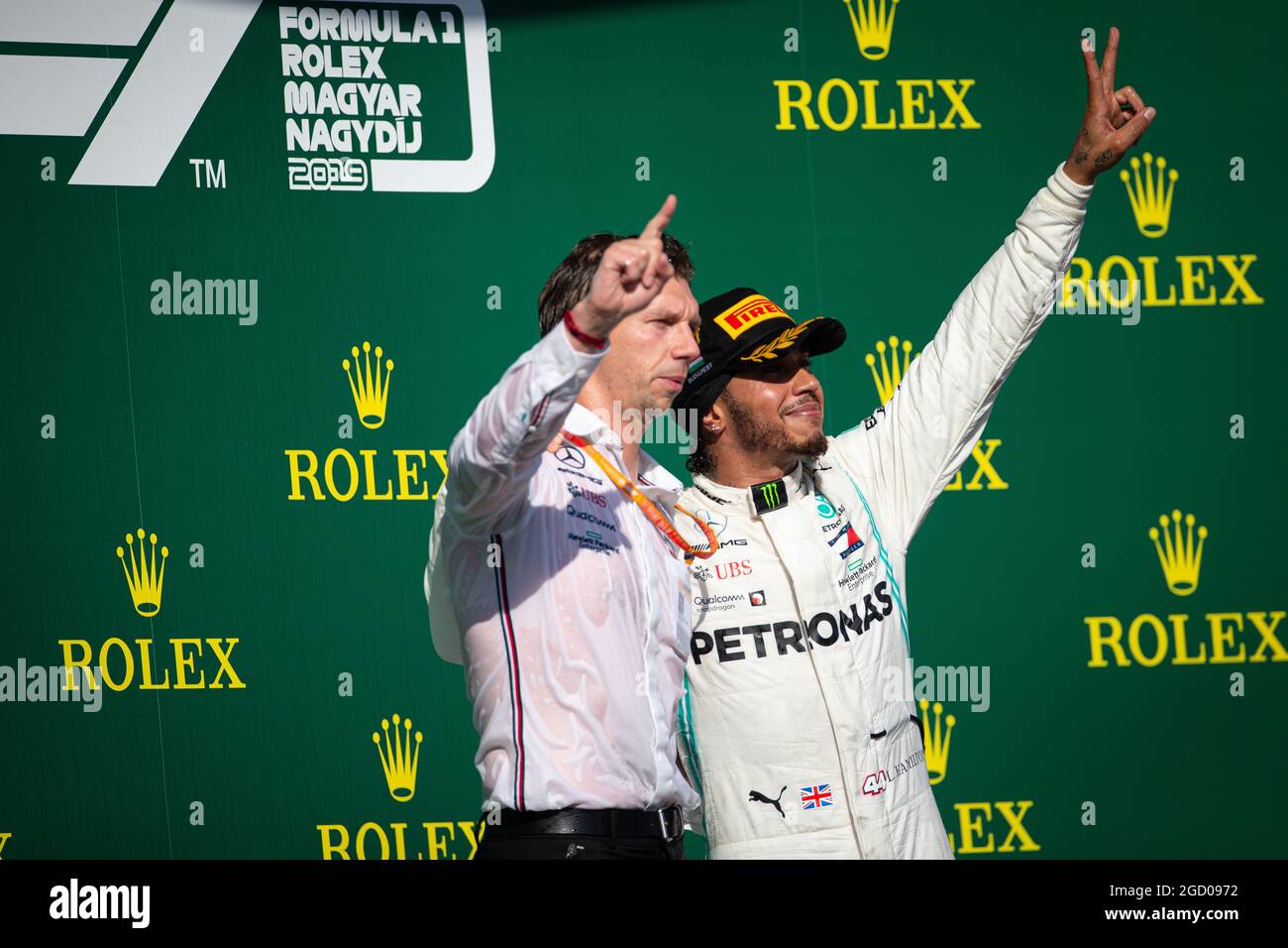 Race winner Lewis Hamilton (GBR) Mercedes AMG F1 celebrates on the podium with James Vowles (GBR) Mercedes AMG F1 Chief Strategist. Hungarian Grand Prix, Sunday 4th August 2019. Budapest, Hungary. Stock Photo