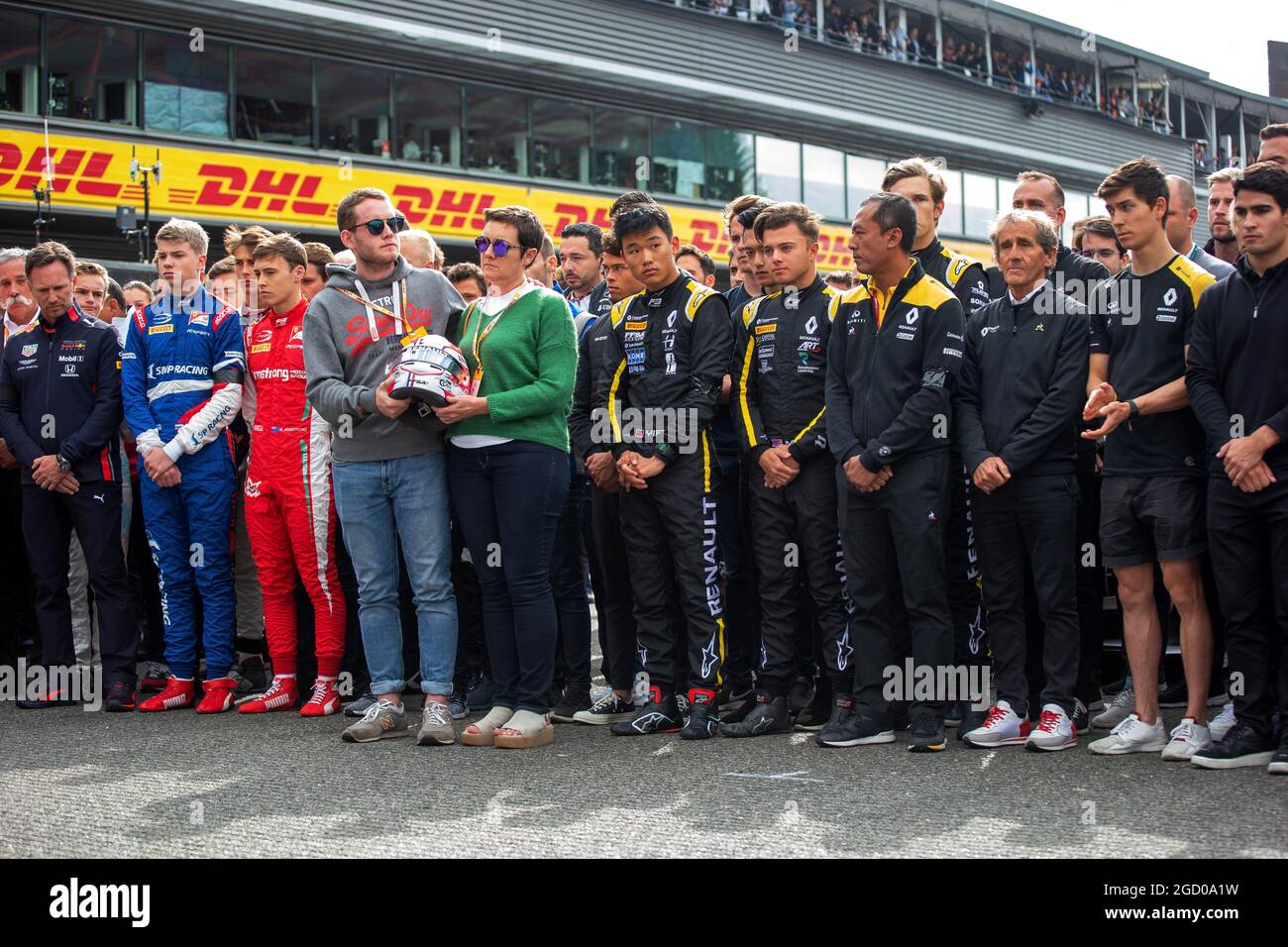 F1, F2, and F3 pay their respects to Anthoine Hubert with his family. Belgian Grand Prix, Sunday 1st September 2019. Spa-Francorchamps, Belgium. Stock Photo