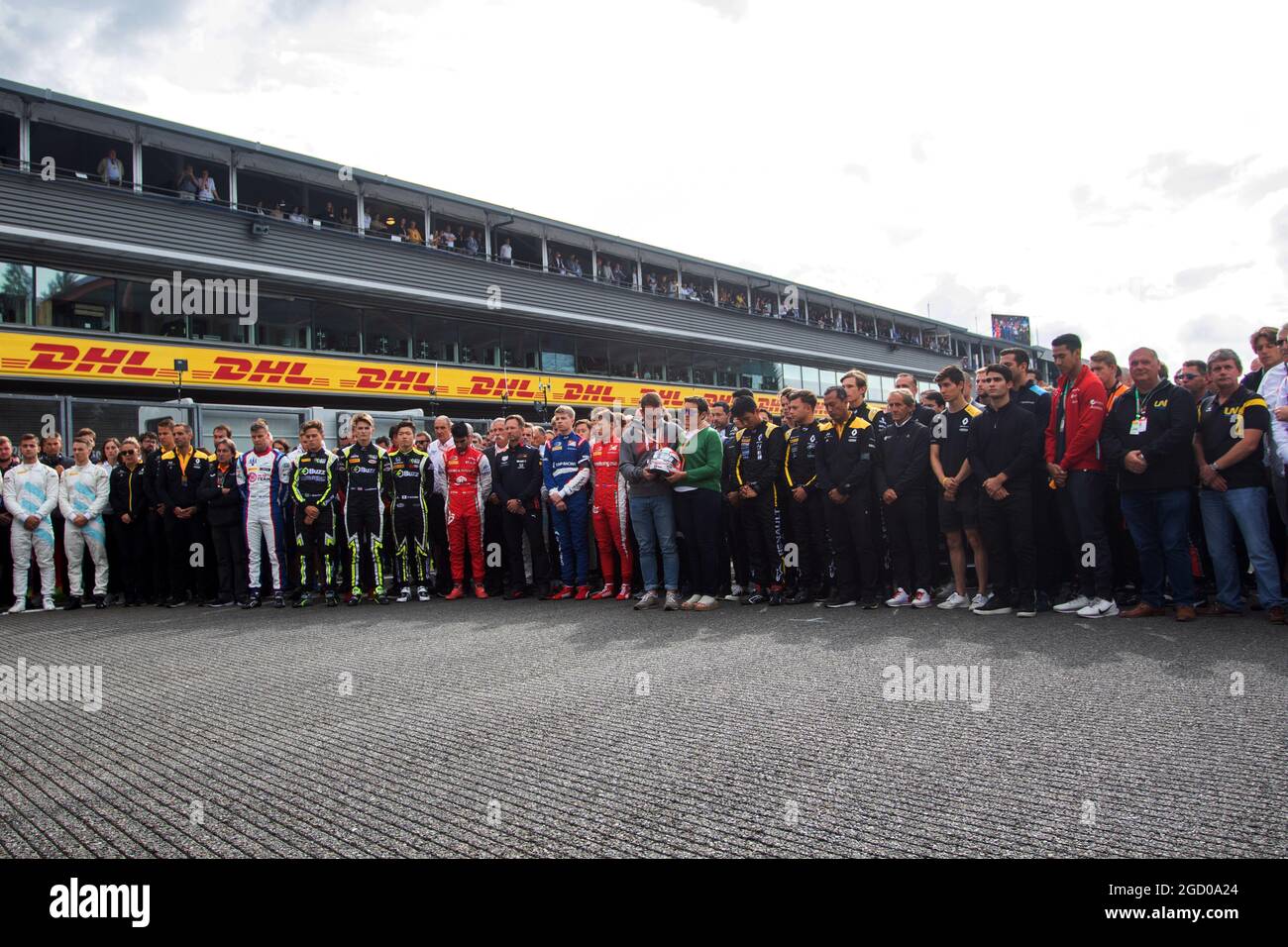 F1, F2, and F3 pay their respects to Anthoine Hubert. Belgian Grand Prix, Sunday 1st September 2019. Spa-Francorchamps, Belgium. Stock Photo