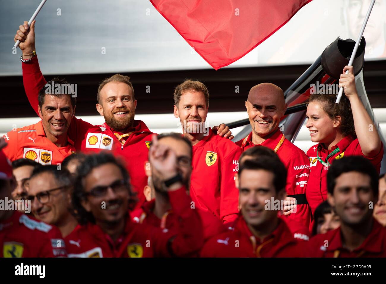 Sebastian Vettel (GER) Ferrari celebrates victory for Charles Leclerc (MON) Ferrari with the team. Belgian Grand Prix, Sunday 1st September 2019. Spa-Francorchamps, Belgium. Stock Photo