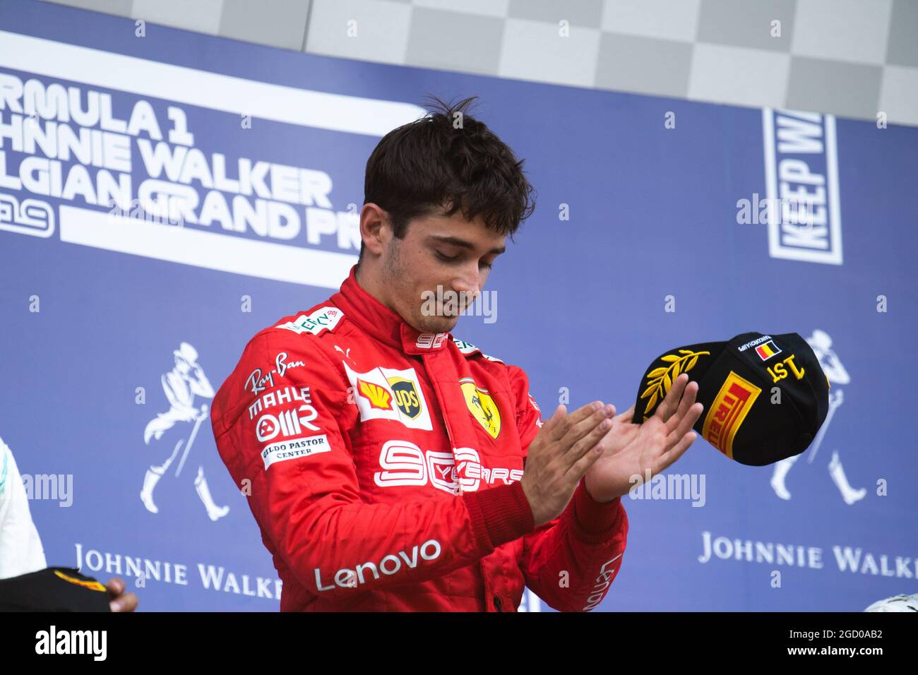 Race winner Charles Leclerc (MON) Ferrari celebrates on the podium ...