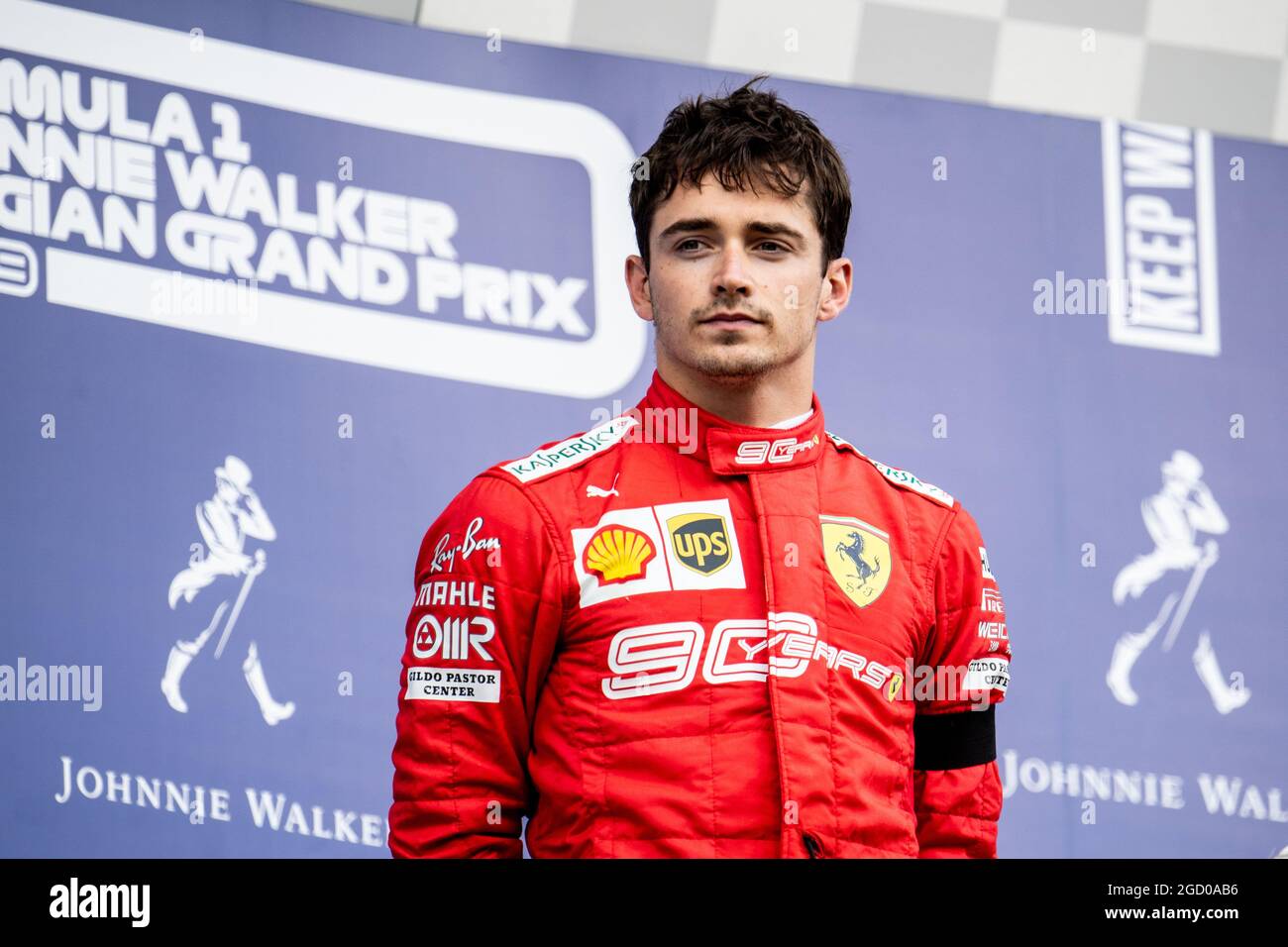 Race winner Charles Leclerc (MON) Ferrari celebrates on the podium ...
