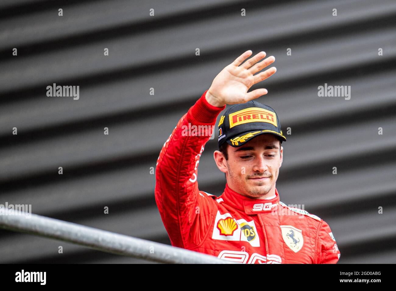 Race winner Charles Leclerc (MON) Ferrari celebrates on the podium ...