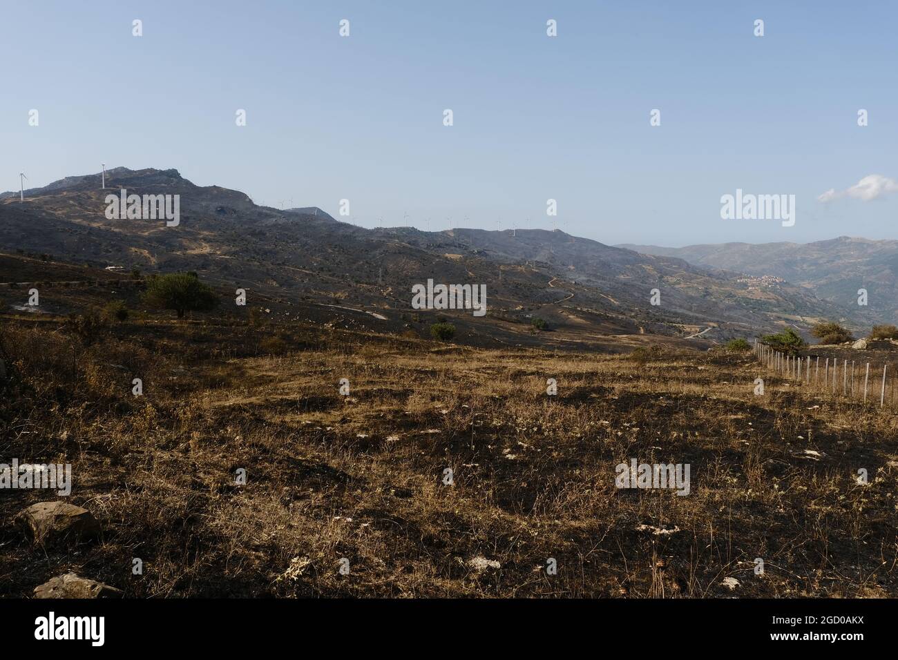 Vast arson near the town of Gangi in the province of Palermo in Sicily. Many crops of agricultural fields and burnt woods, farmers' cars and even breeding animals burned by the flames. Stock Photo