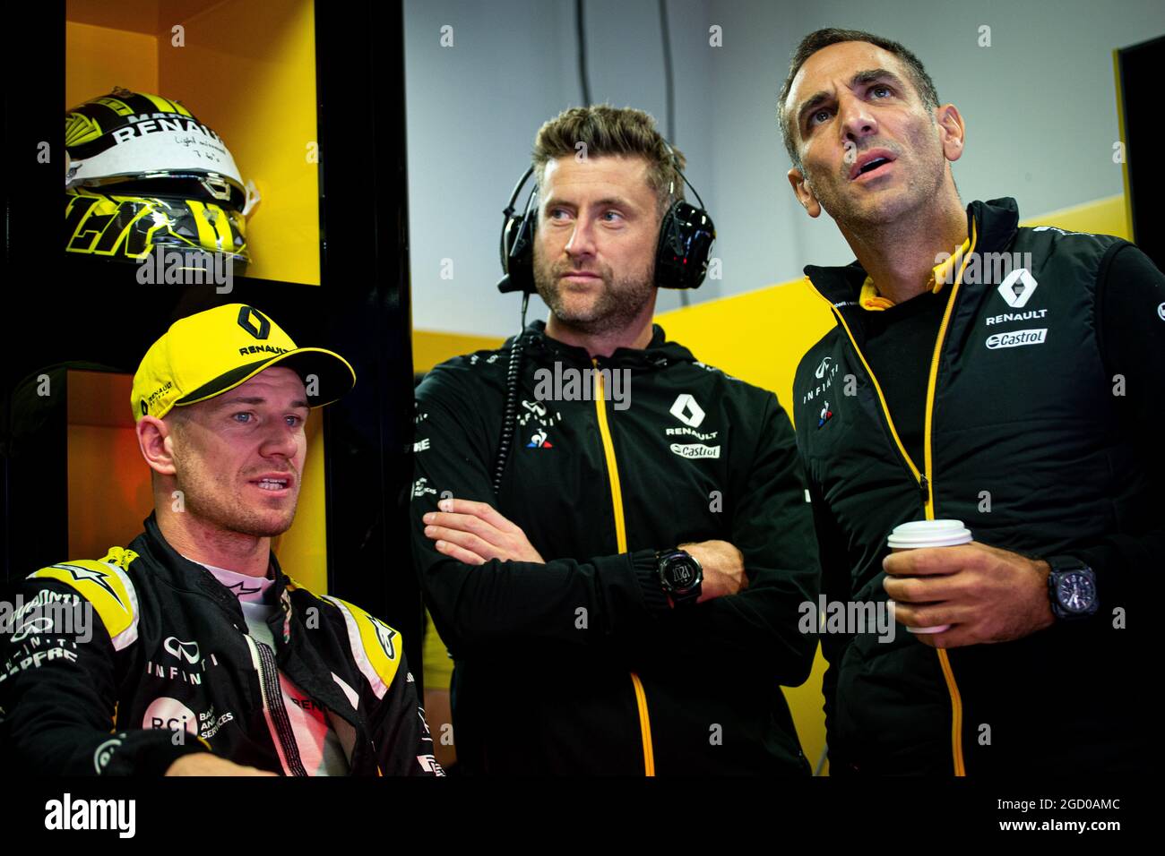 L to R): Nico Hulkenberg (GER) Renault F1 Team with Martin Poole (GBR)  Renault F1 Team Personal Trainer and Cyril Abiteboul (FRA) Renault Sport F1  Managing Director. Italian Grand Prix, Friday 6th