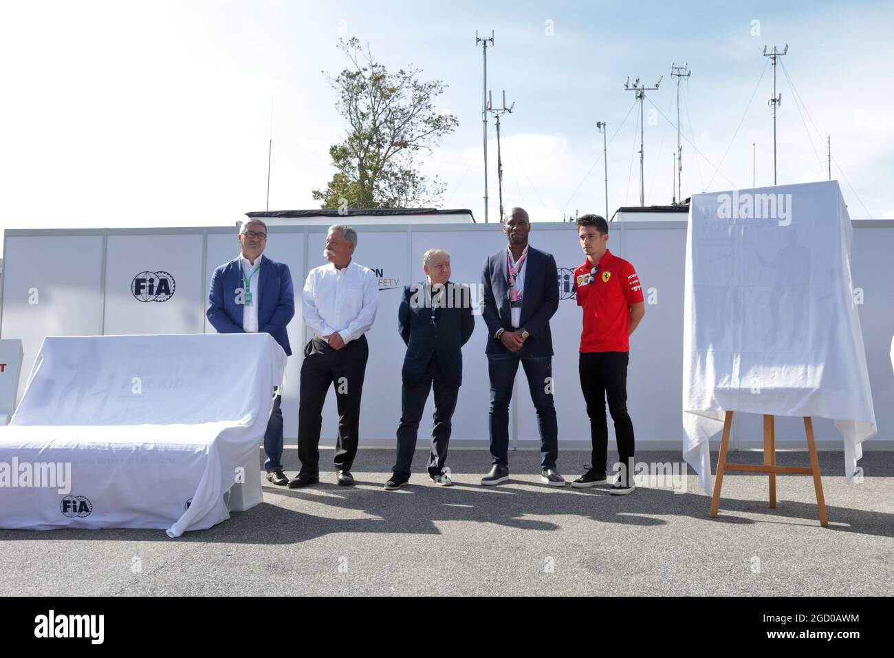 (L to R): Giovanni Uboldi (ITA) IGP Decaux Commercial and Marketing Director; Chase Carey (USA) Formula One Group Chairman; Jean Todt (FRA) FIA President; Didier Drogba (CIV) Former Football Player; Charles Leclerc (MON) Ferrari, at an FIA Road Safety Campaign. Italian Grand Prix, Saturday 7th September 2019. Monza Italy. Stock Photo