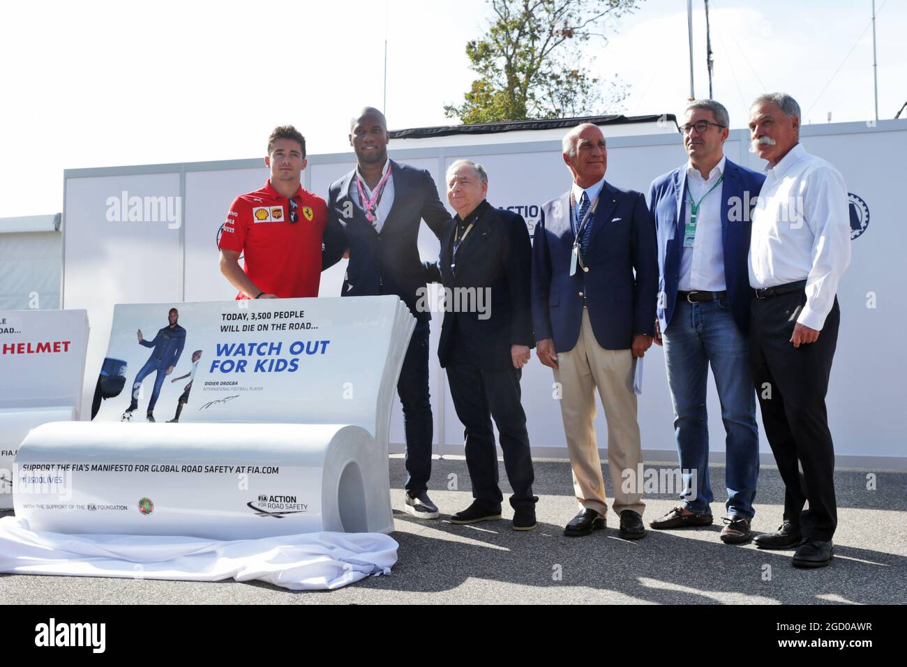 (L to R): Charles Leclerc (MON) Ferrari; Didier Drogba (CIV) Former Football Player; Jean Todt (FRA) FIA President; Dr. Angelo Sticchi Damiani (ITA) Aci Csai President; Giovanni Uboldi (ITA) IGP Decaux Commercial and Marketing Director; Chase Carey (USA) Formula One Group Chairman, at an FIA Road Safety Campaign. Italian Grand Prix, Saturday 7th September 2019. Monza Italy. Stock Photo