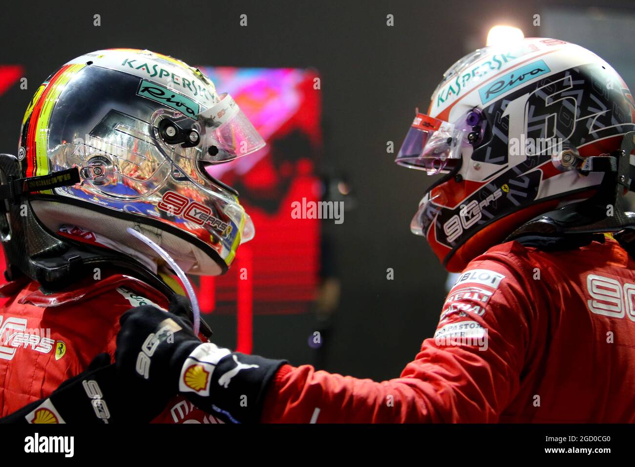 Race winner Sebastian Vettel (GER) Ferrari celebrates in parc ferme with  second placed team mate Charles Leclerc (MON) Ferrari Stock Photo - Alamy