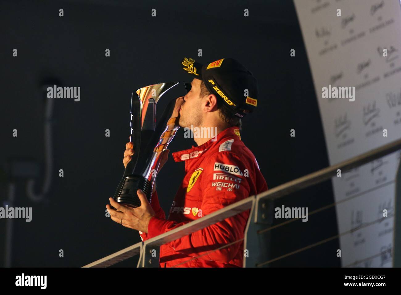 Race winner Sebastian Vettel (GER) Ferrari celebrates on the podium. Stock Photo