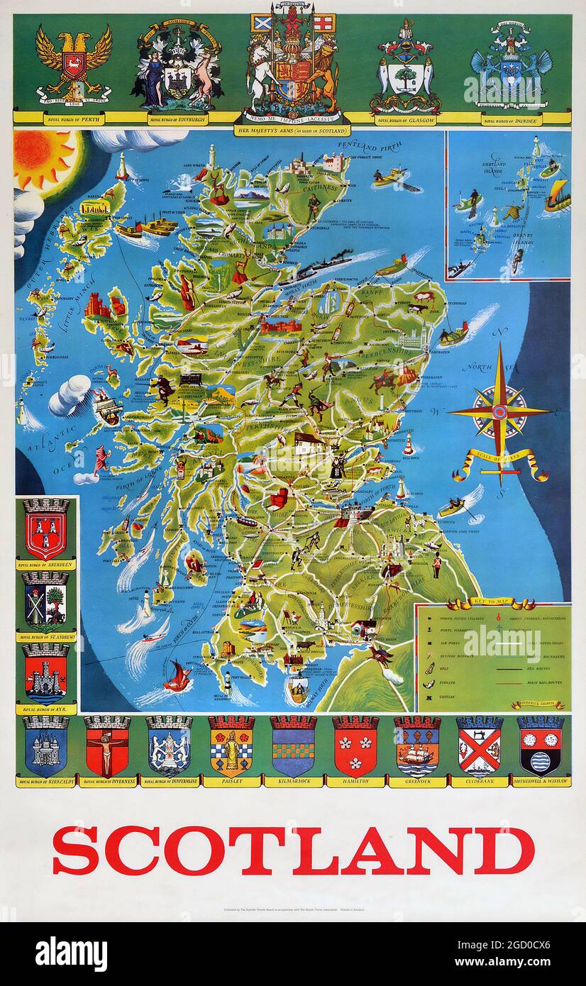 Vintage Poster Illustrated Map Of Scotland Sport Travel UK Coat Of Arms. United Kingdom. 1950s. Artwork by Frederick Griffin (1906-1976). Stock Photo