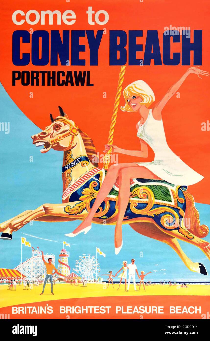 Vintage Poster For Coney Beach Porthcawl Wales Fairground Pleasure Park, 1960s. Artwork by H. Riley. Stock Photo