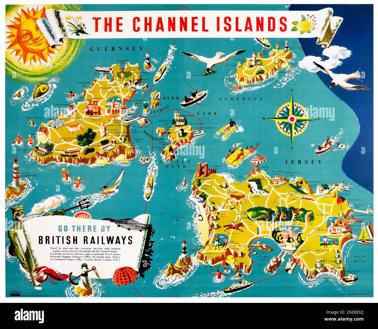 Vintage British Railways Poster Illustrated Map of the Channel Islands. Artwork by Frederick Griffin. 1950s. Stock Photo