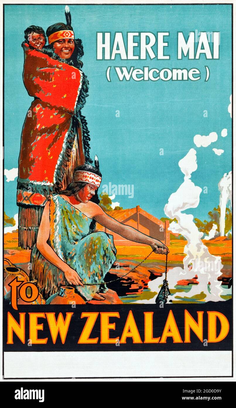 New Zealand Travel Poster (W.A.G.Skinner, Circa 1920) feat. Polynesian people, Maori. Stock Photo