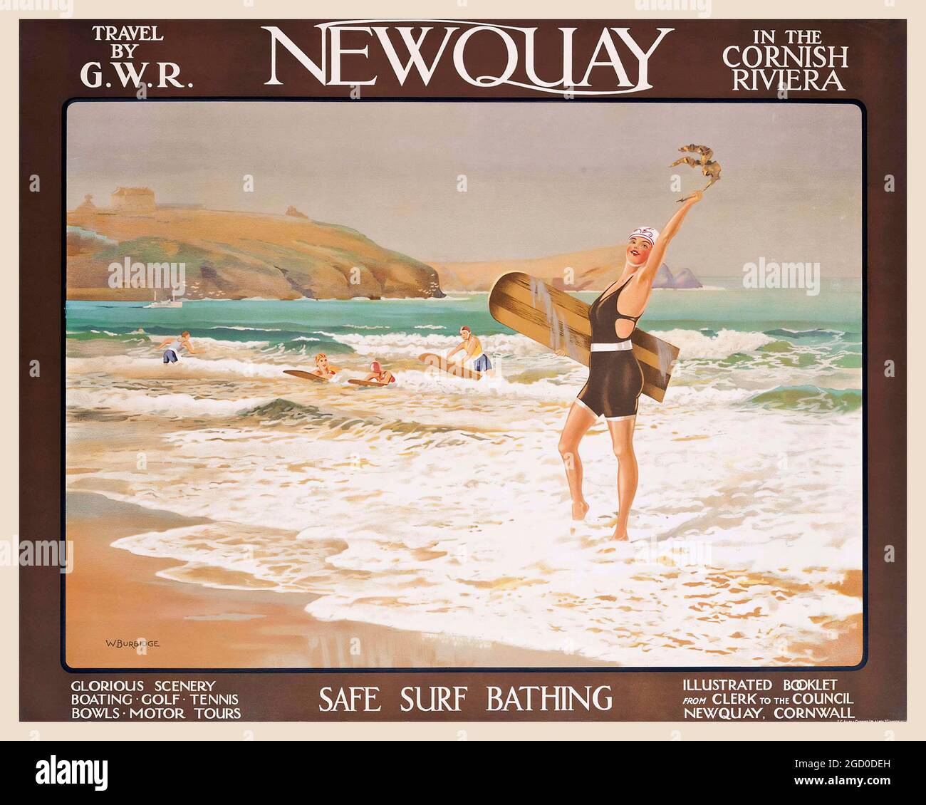 SAFE SURF BATHING – Vintage Travel Poster, Newquay in the Cornish Riviera. Travel by G.W.R. Stock Photo
