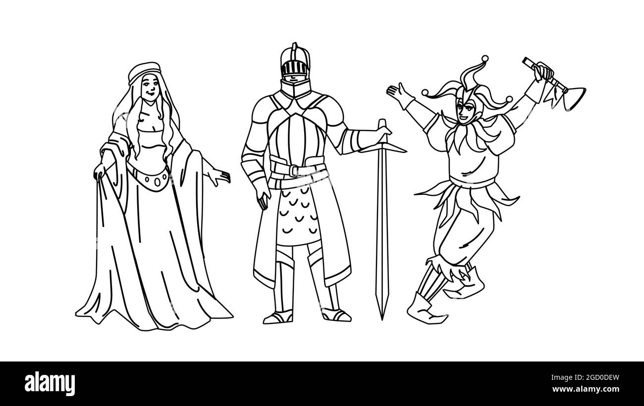Medieval People Lady, Knight And Jester Vector Stock Vector