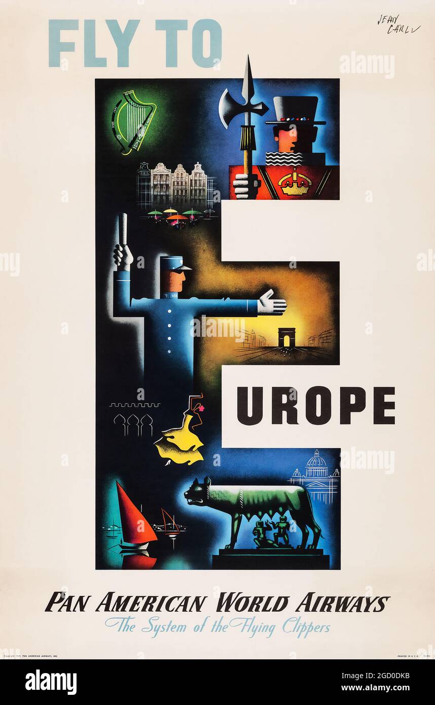 Vintage Travel Poster – Fly to Europe (Pan American World Airways, The System of the Flying Clippers, 1949) Stock Photo