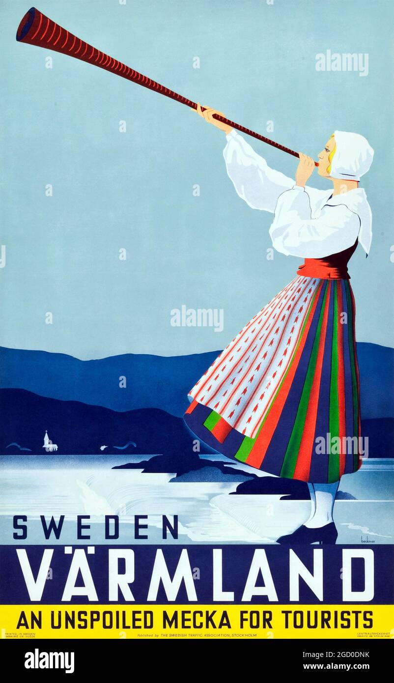 Vintage Travel Poster Sweden Varmland (Värmland) Travel Poster. Swedish. Woman blowing a big horn in front of a Swedish landscape. Stock Photo