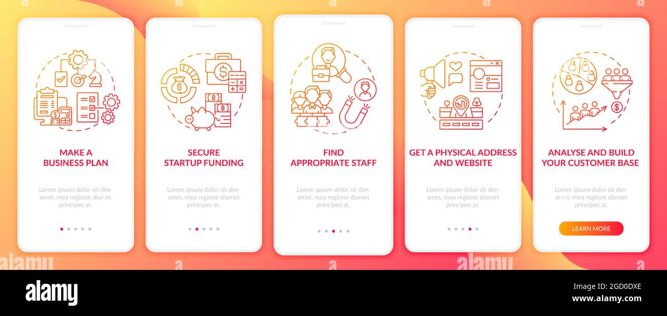 Startup launch steps red onboarding mobile app page screen Stock Vector
