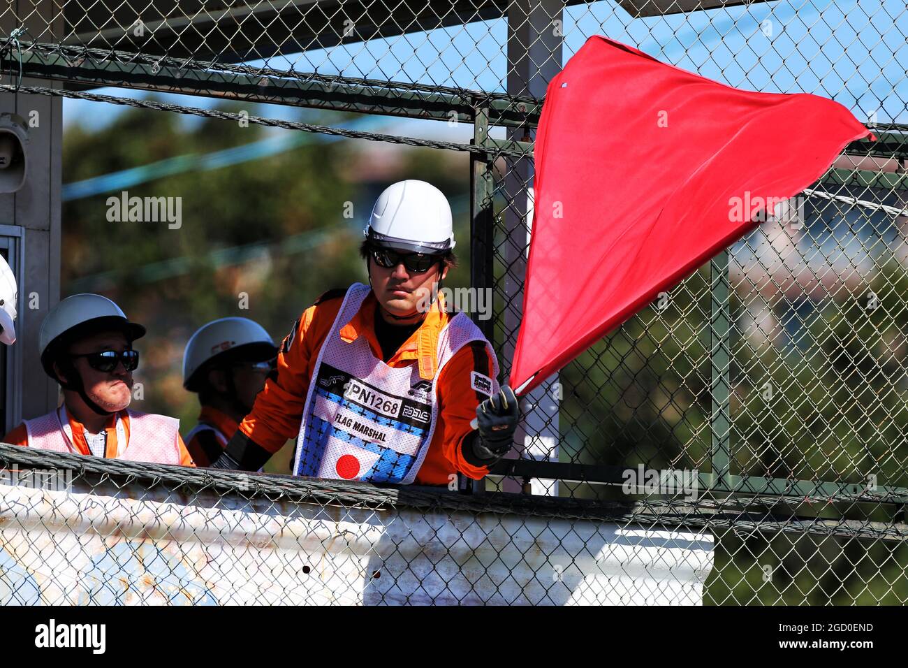 Red flag waved by a marshal. Japanese Grand Prix, Sunday 13th October 2019. Suzuka, Japan. Stock Photo