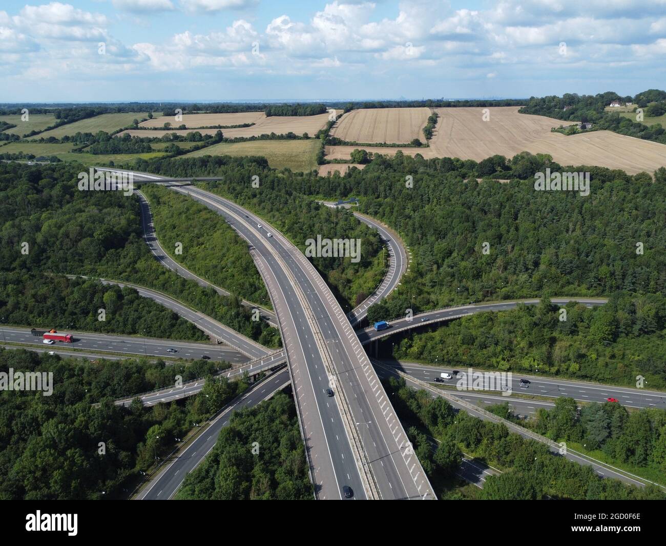 Aerial View of the M23/M25 interchange in Surrey facing Northbound ...