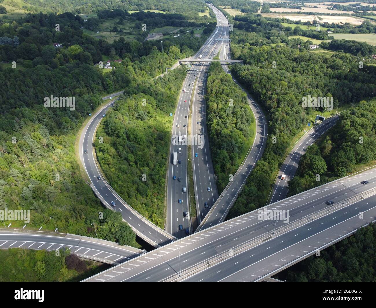 Aerial View of the M25 motorway facing anti clockwise with the M23 in