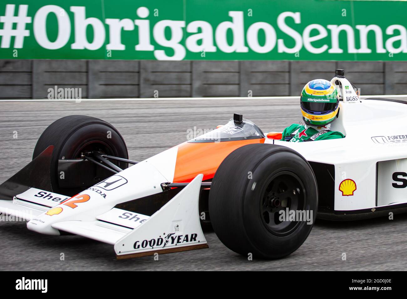 The 1988 McLaren MP4/4 raced by Ayrton Senna. Brazilian Grand Prix, Thursday 14th November 2019. Sao Paulo, Brazil. Stock Photo