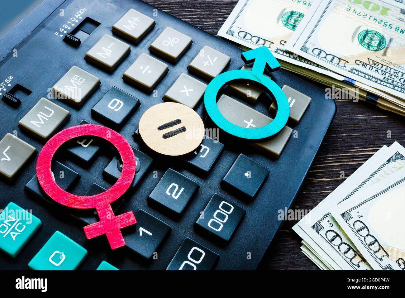 Gender symbols and equal sign. Equal pay concept. Stock Photo