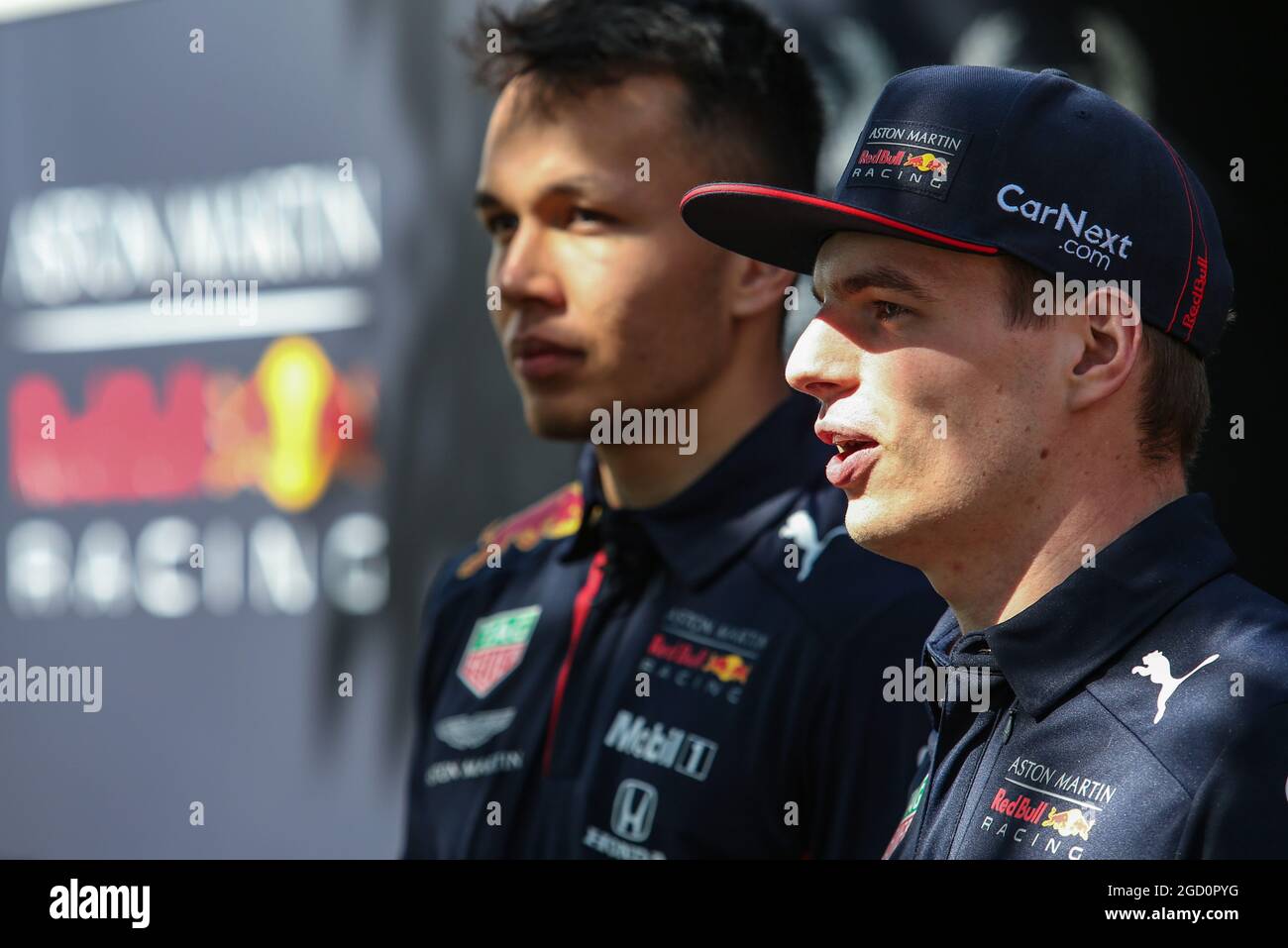 Max Verstappen (NLD) Red Bull Racing and team mate Alexander Albon (THA ...