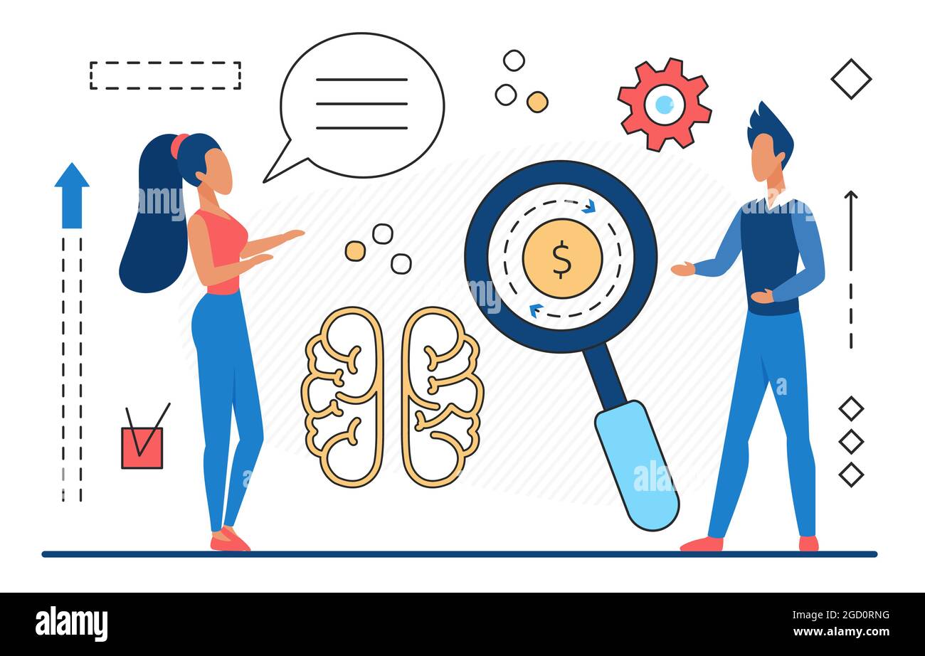 Brainstorm teamwork of business people vector illustration. Cartoon man woman characters working together, standing with giant human brain, magnifying glass concept line icons isolated on white Stock Vector