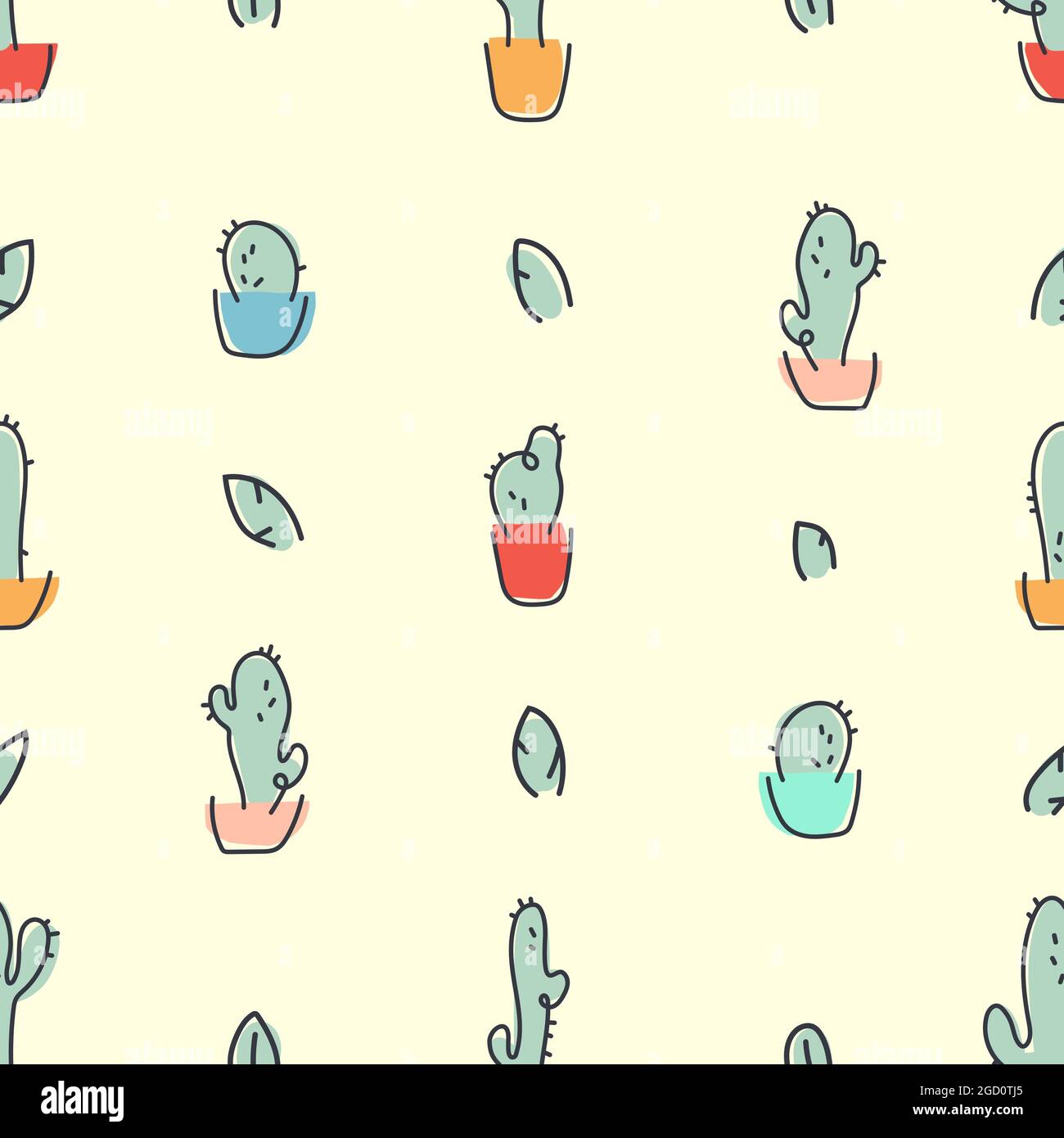 Seamless pattern with simple mono line cacti in multi-colored pots Stock Vector