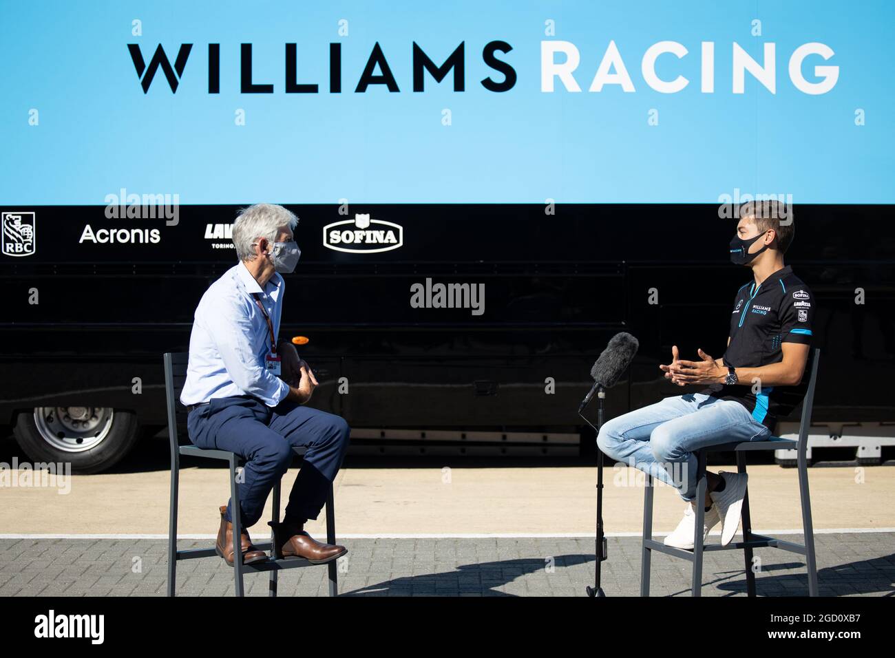 George Russell (GBR) Williams Racing with Damon Hill (GBR) Sky Sports ...