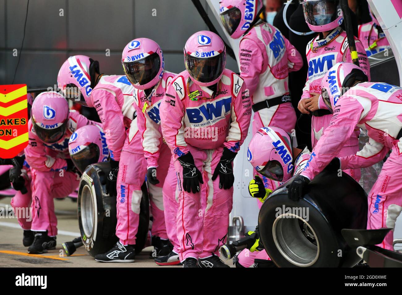 Racing Point F1 Team makes a pit stop. British Grand Prix, Sunday 2nd August 2020. Silverstone
