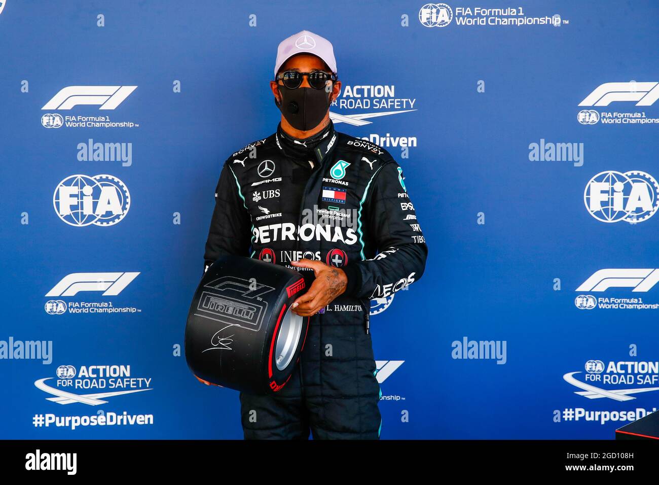 Lewis Hamilton (GBR) Mercedes AMG F1 with the Pirelli Pole position trophy.  Spanish Grand Prix, Saturday 15th August 2020. Barcelona, Spain. FIA Pool  Image for Editorial Use Only Stock Photo - Alamy