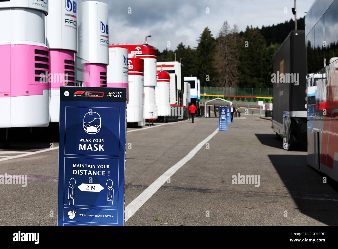 Paddock atmosphere - Coivd safety precautions sign. Belgian Grand Prix, Saturday 29th August 2020. Spa-Francorchamps, Belgium. Stock Photo