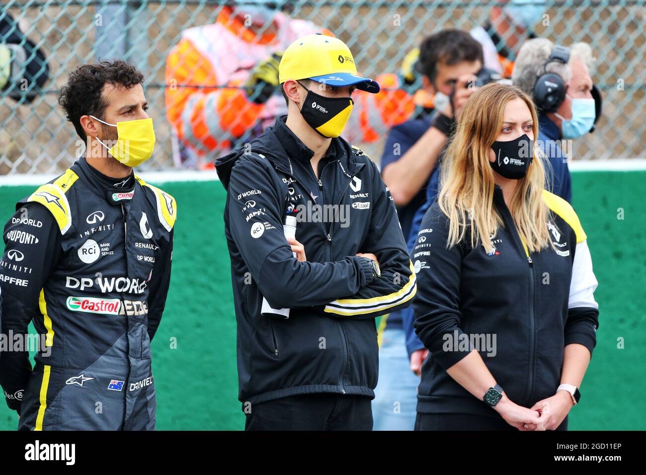 (L to R): Daniel Ricciardo (AUS) Renault F1 Team; Esteban Ocon (FRA) Renault F1 Team and Aurelie Donzelot (FRA) Renault F1 Team Media Communications Manager - a minute's silence for Anthoine Hubert is observed before the F2 race. Belgian Grand Prix, Saturday 29th August 2020. Spa-Francorchamps, Belgium. Stock Photo