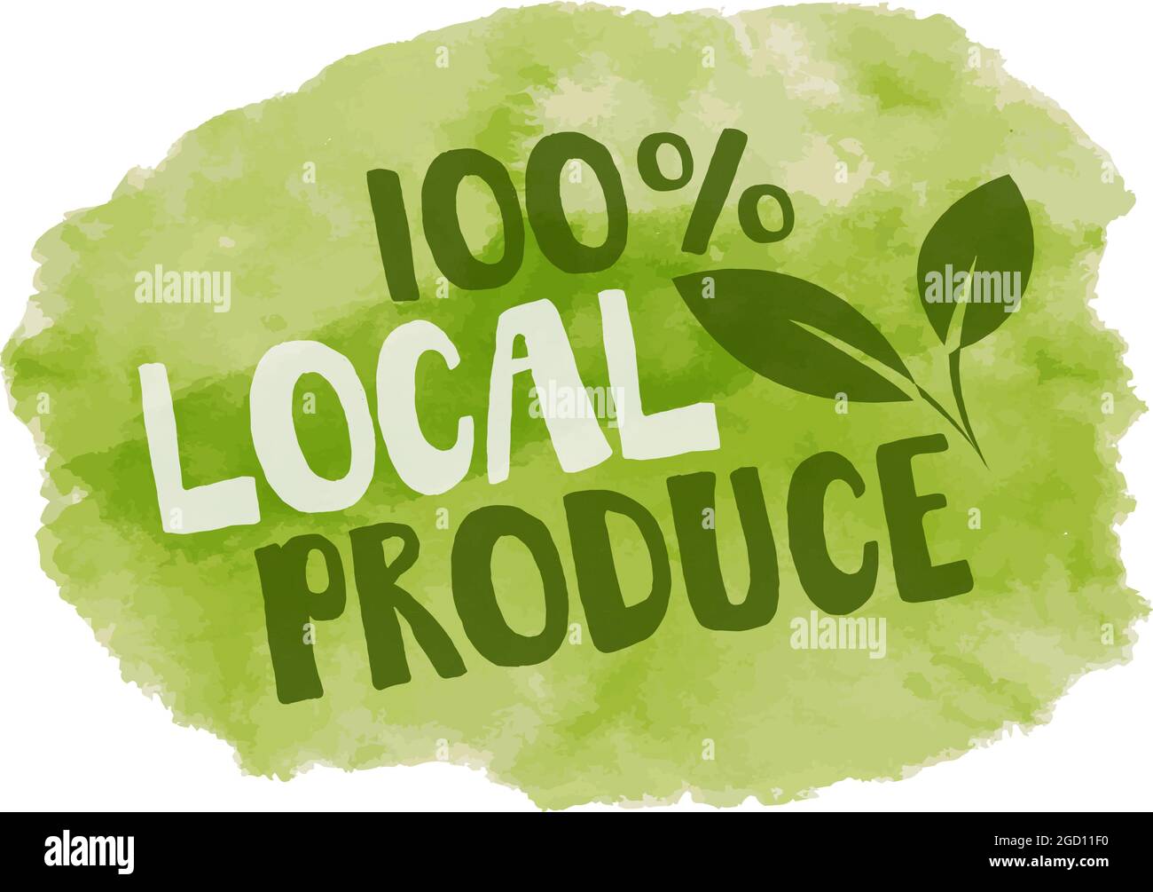 100 percent local produce label, green watercolor vector illustration Stock Vector