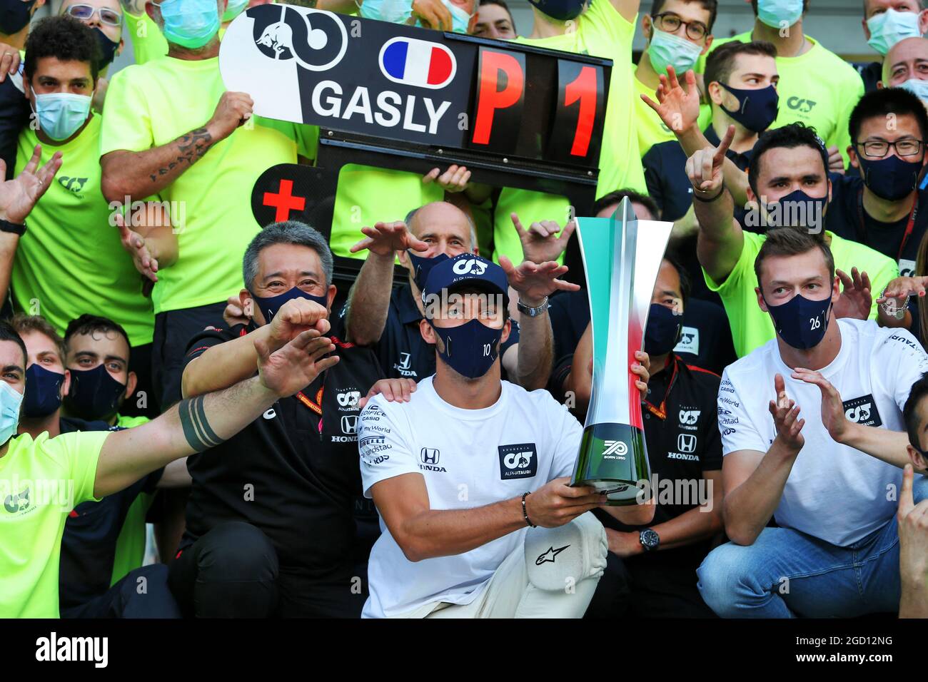 Race winner Pierre Gasly (FRA) AlphaTauri celebrates with the team. Italian Grand Prix, Sunday 6th September 2020. Monza Italy. Stock Photo