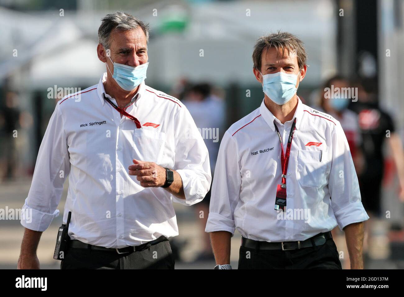 (L to R): Richard Springett (GBR) F1 Circuit Engineer Team Manager and Nat Butcher (GBR) F1 Senior Circuit Engineer. Tuscan Grand Prix, Friday 11th September 2020. Mugello Italy. Stock Photo